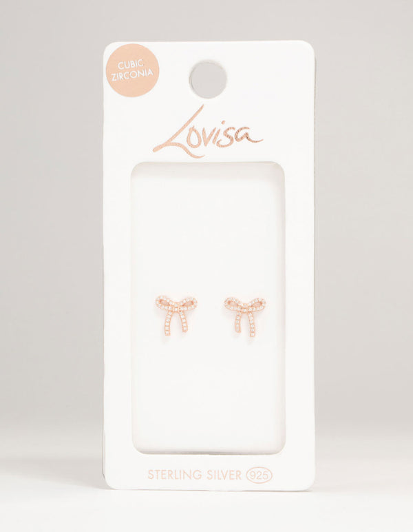 Rose Gold Plated Sterling Silver Cubic Zirconia Bow Stud Earrings