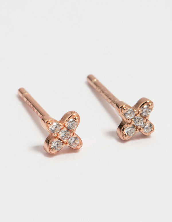 Rose Gold Plated Sterling Silver Cubic Zirconia Micro Flower Stud Earrings