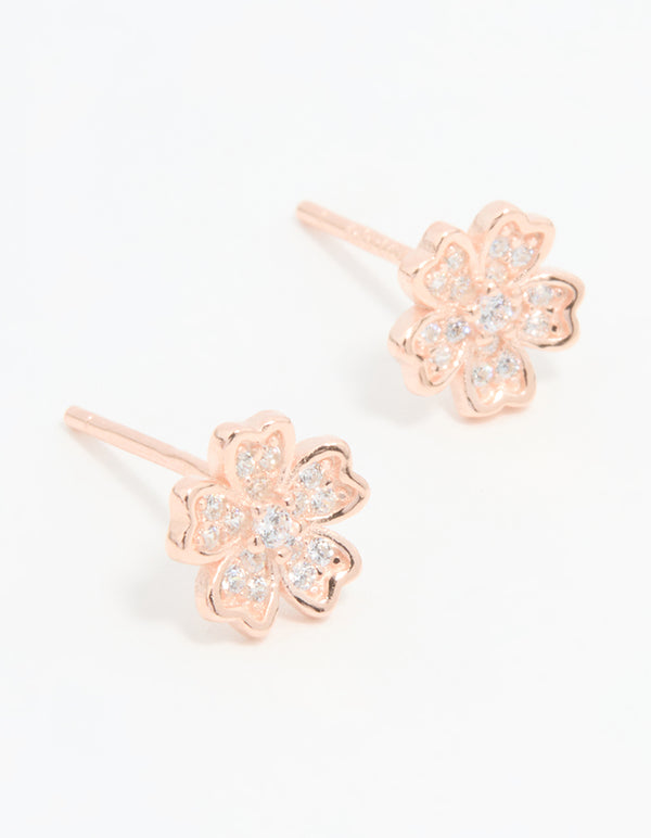 Rose Gold Plated Sterling Silver Cubic Zirconia Flower Stud Earrings