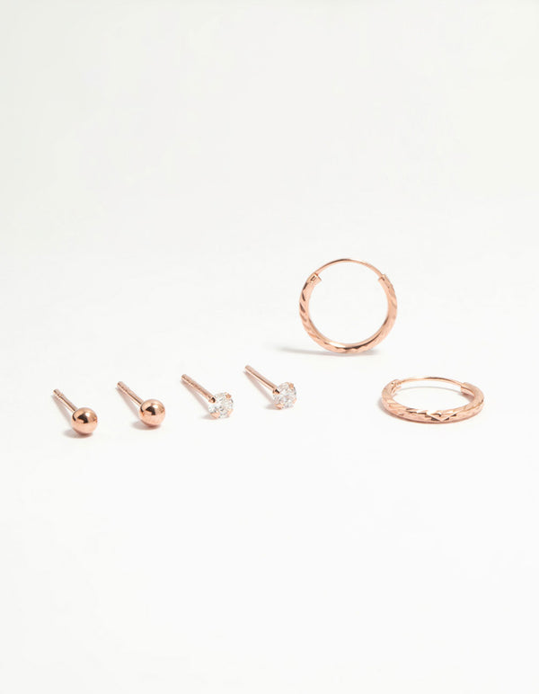 Rose Gold Plated Sterling Silver Ball & Diamante Earrings 3-Pack