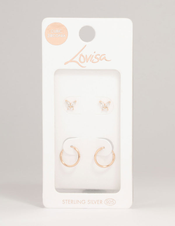 Rose Gold Plated Sterling Silver Butterfly Studs & Hoop Earrings 2-Pack