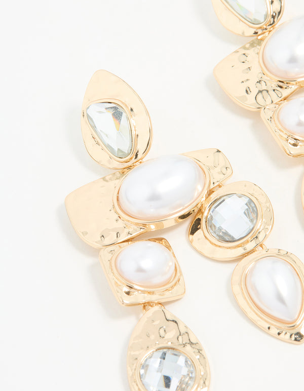 Gold Diamante Pearl Molten Drop Earrings