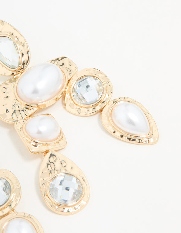 Gold Diamante Pearl Molten Drop Earrings