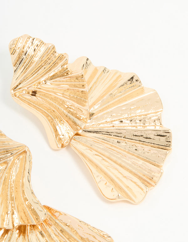 Gold Textured Metal Fan Drop Earrings