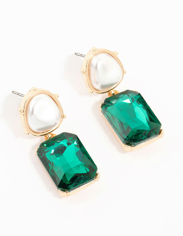 Gold Pearl & Green Stone Drop Earrings