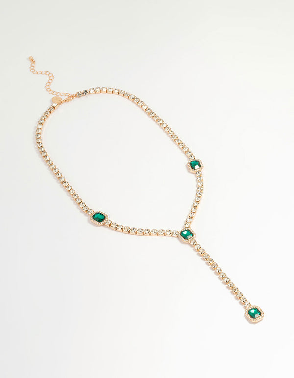 Gold Green Diamante Cupchain Y-Necklace