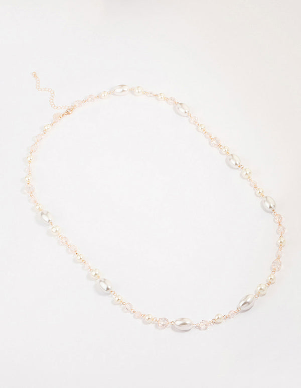 Rose Gold Pearl Beaded Long Necklace