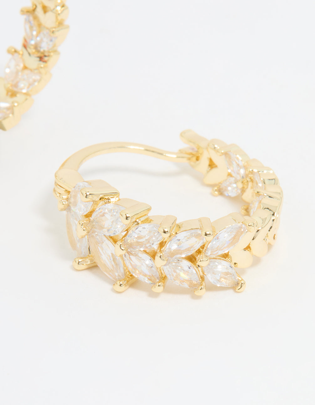 Highlighting gold plated cubic zirconia vine hoop earrings crystal design with closure mechanism in clear post detail view