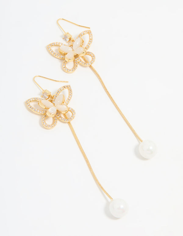 Gold Plated Pearl Butterfly Long Drop Earrings