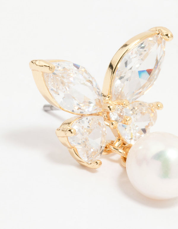 Gold Plated Cubic Zirconia Butterfly Pearl Drop Earrings
