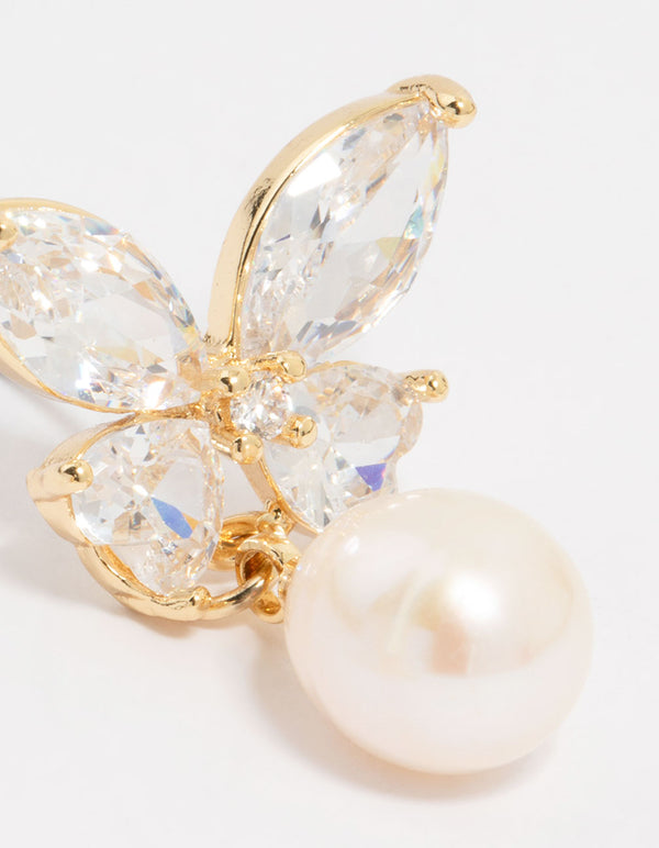 Gold Plated Cubic Zirconia Butterfly Pearl Drop Earrings