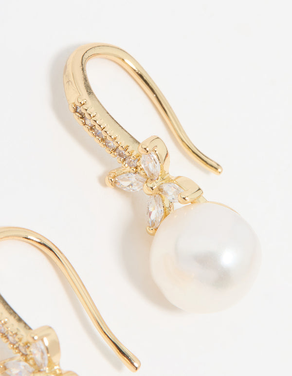 Gold Plated Pearl & Flower Hook Earrings