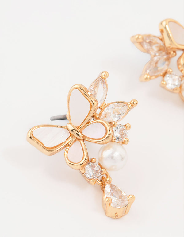 Gold Plated Pearl Butterfly Mini Drop Earrings