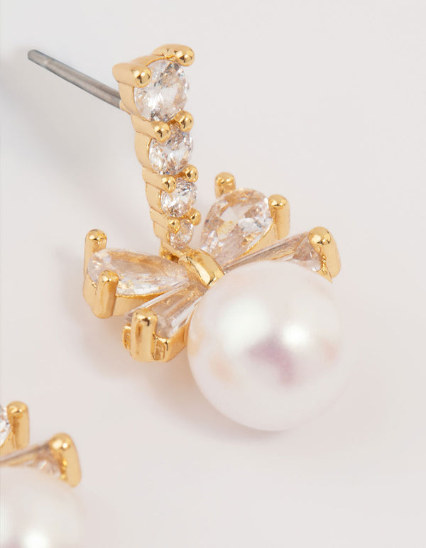 Gold Plated Cubic Zirconia & Pearl Bow Drop Earrings