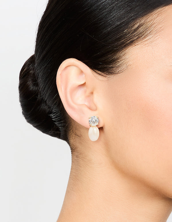 Gold Plated Diamante Freshwater Pearl Drop Earrings