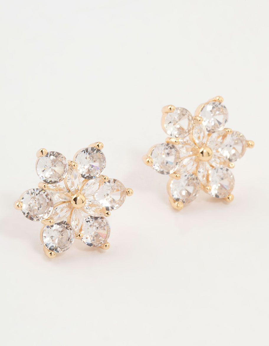 Gold Plated Cubic Zirconia Flower Stud Earrings
