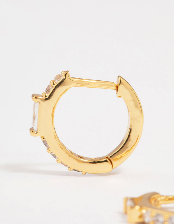 Gold Plated Diamante Mini Baguette Pave Huggie Earrings