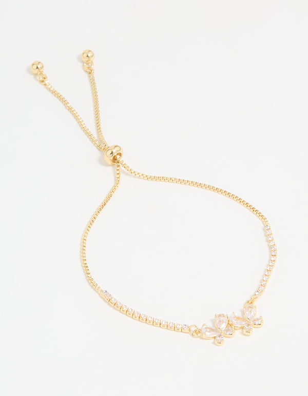 Gold Plated Cubic Zirconia Double Butterfly Toggle Bracelet