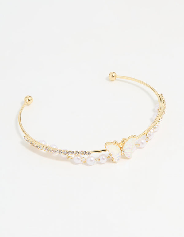 Gold Plated Mother Of Pearl Butterfly & Pearl Wrist Cuff