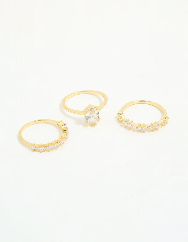 Gold Plated Cubic Zirconia Oval Stacking Rings 3-Pack