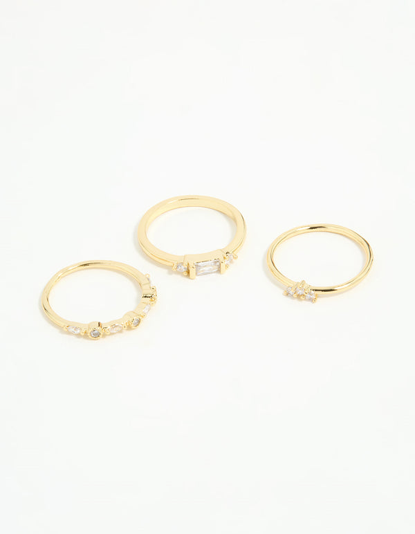 Gold Plated Baguette & Mini Round Rings 3-Pack