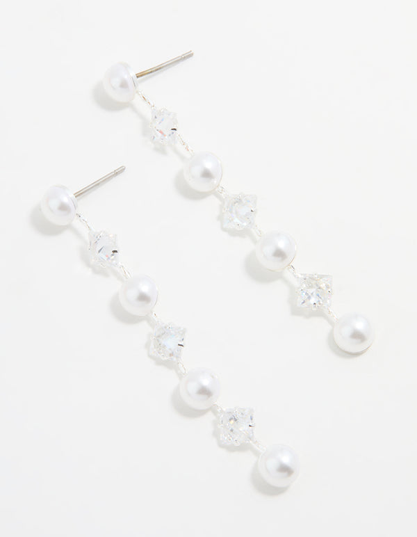 Silver Plated Cubic Zirconia & Pearl Drop Earrings