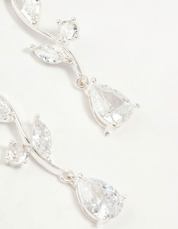 Silver Plated Cubic Zirconia Large Vine Teardrop Earrings