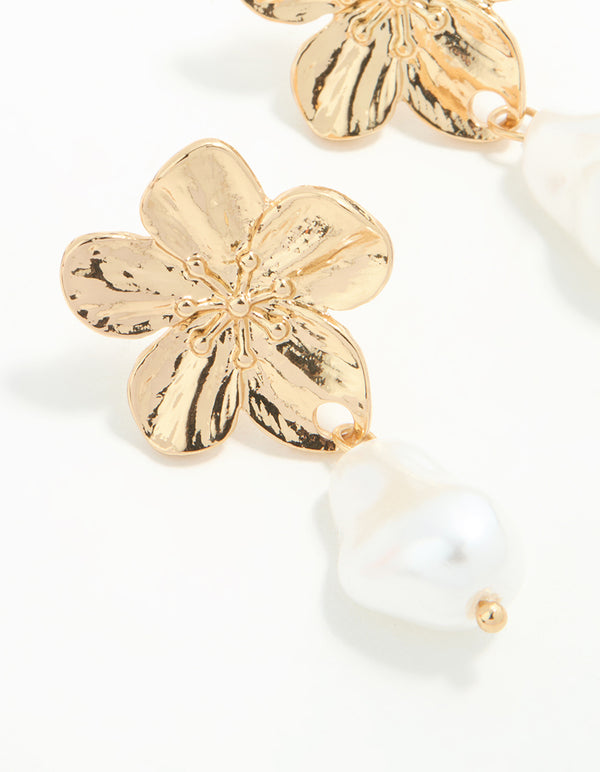 Gold Plated Pearl & Flower Drop Earrings