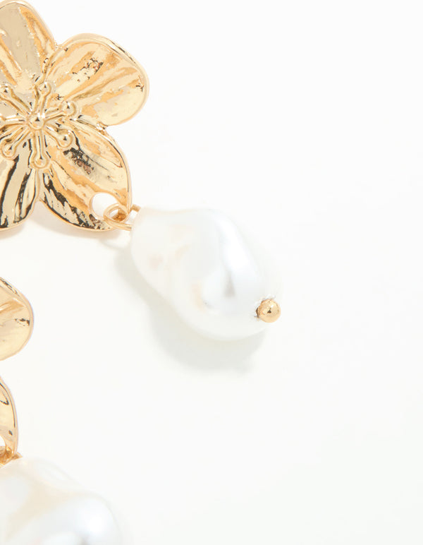 Gold Plated Pearl & Flower Drop Earrings