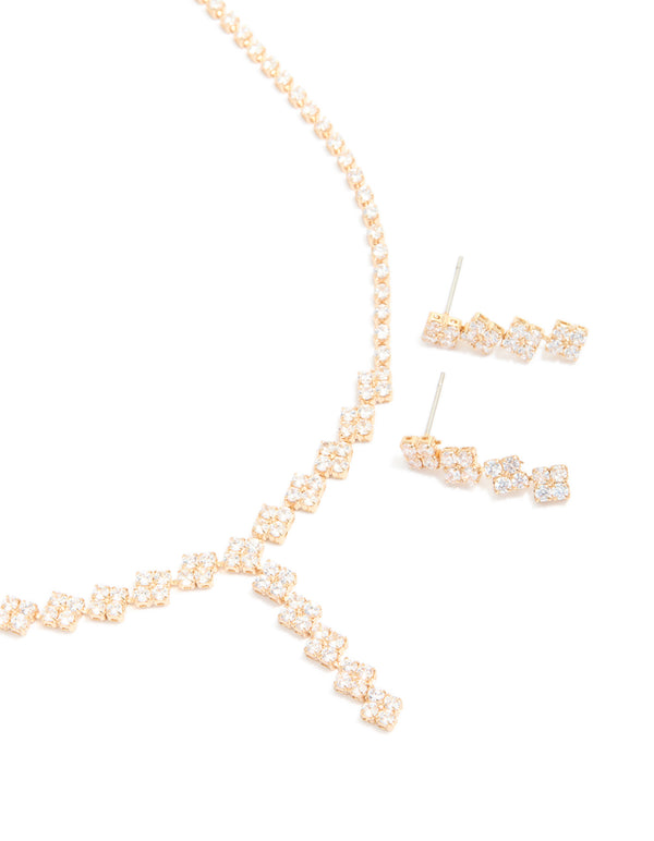 Gold Plated Cubic Zirconia Necklace & Drop Earrings Set