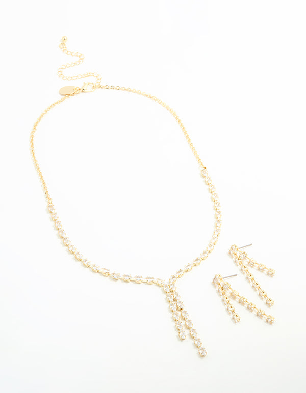 Gold Plated Double Drop Necklace & Earrings Set