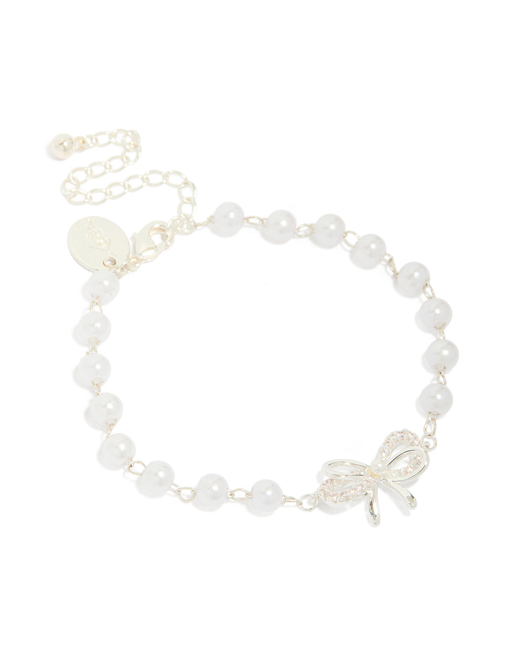 Showcasing a silver plated pearl double bow bracelet front view