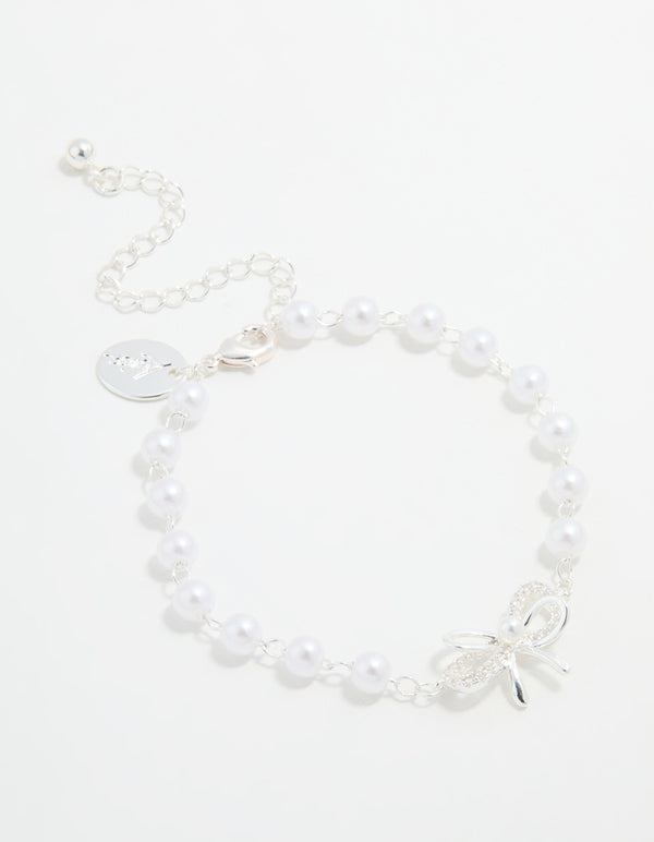 Silver Plated Pearl Double Bow Bracelet