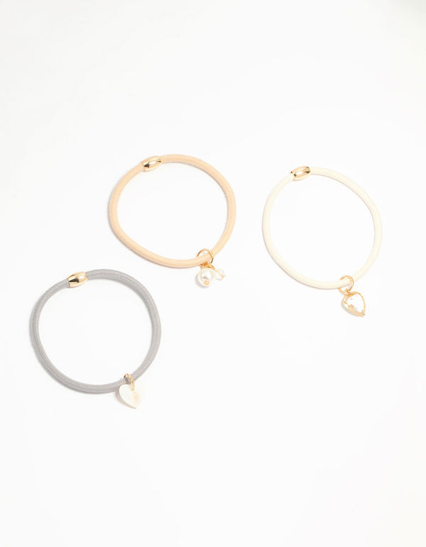 Fabric Heart & Pearl Detail Hair Ties 3-Pack