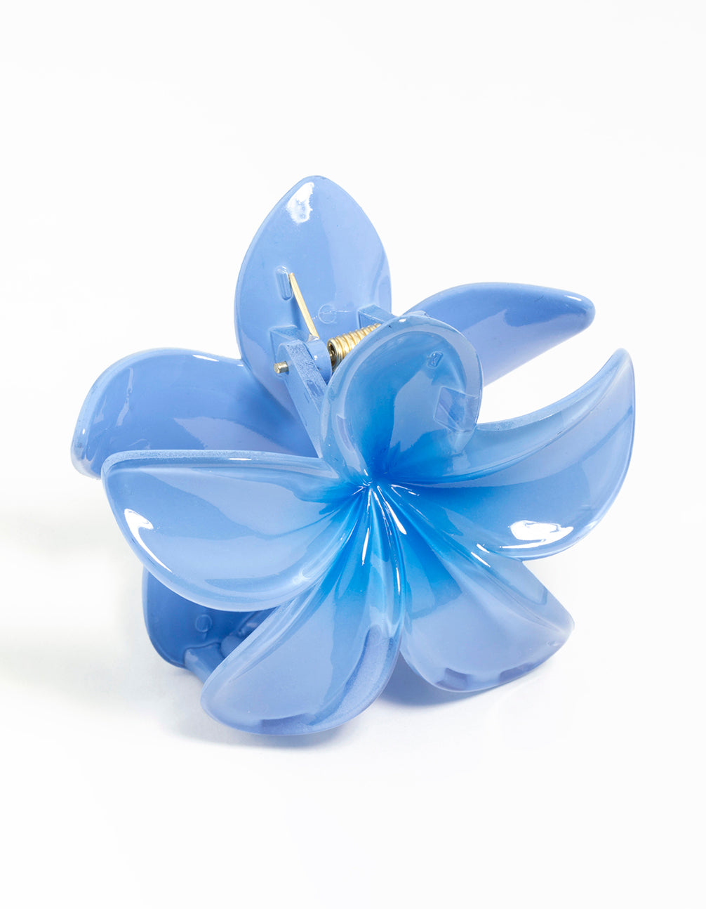 Designed with floral in light sky blue and cornflower blue ombre, this frangipani claw clip side view