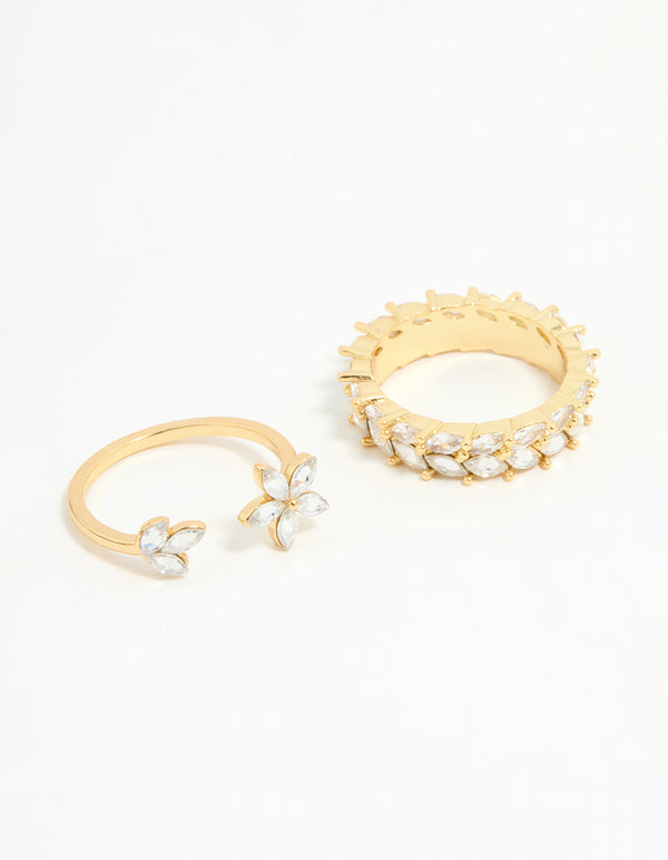 Gold Plated Leaf Band & Flower Rings 2-Pack