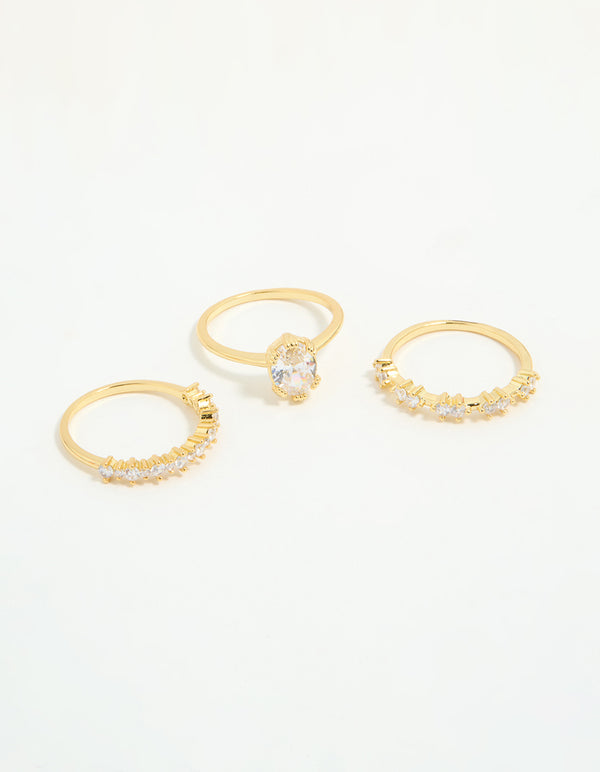 Featuring gold plated cubic zirconia oval stacking rings in a 3-pack front view