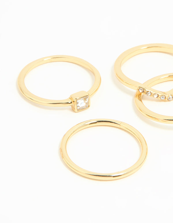 Gold Plated Square & Pear Diamante Rings 5-Pack
