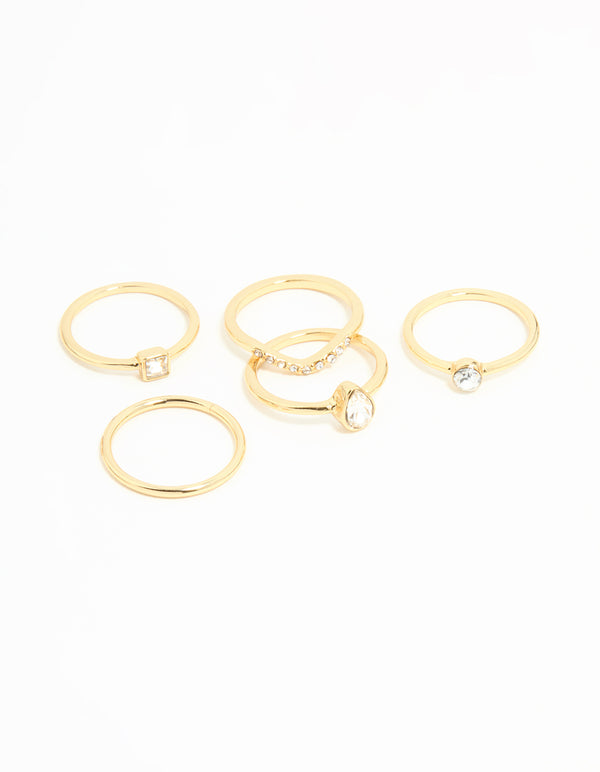 Gold Plated Square & Pear Diamante Rings 5-Pack