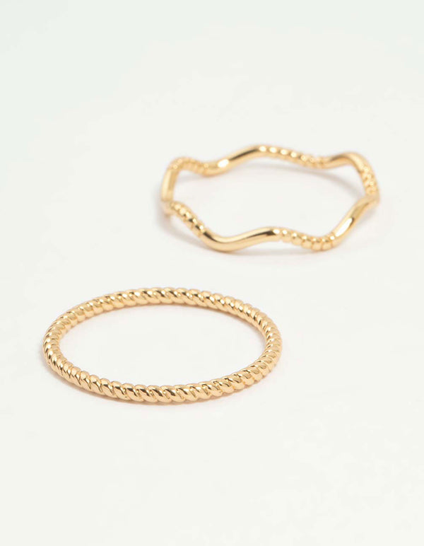 Featuring gold plated squiggle and rope rings 5-pack close up view