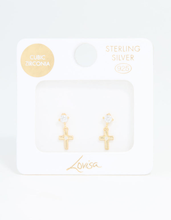Gold Plated Sterling Silver Cubic Zirconia Cross Drop Earrings