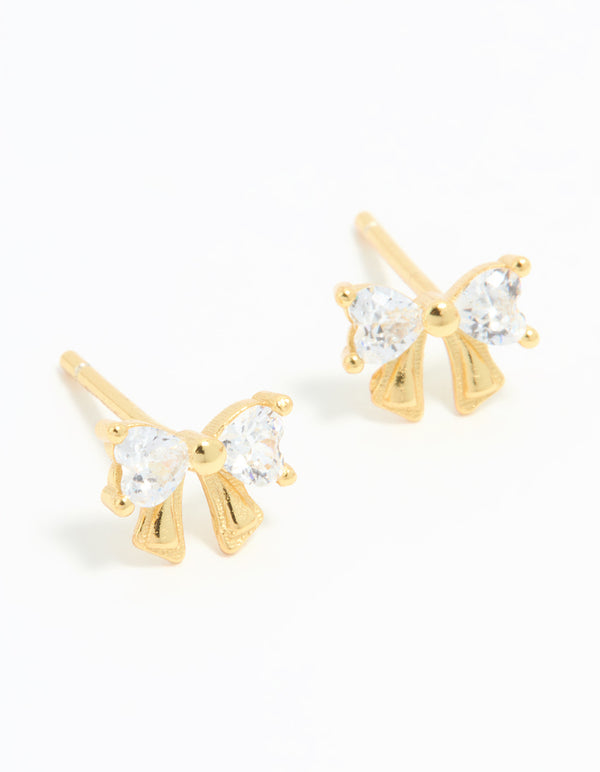 Gold Plated Sterling Silver Cubic Zirconia Bow Stud Earrings