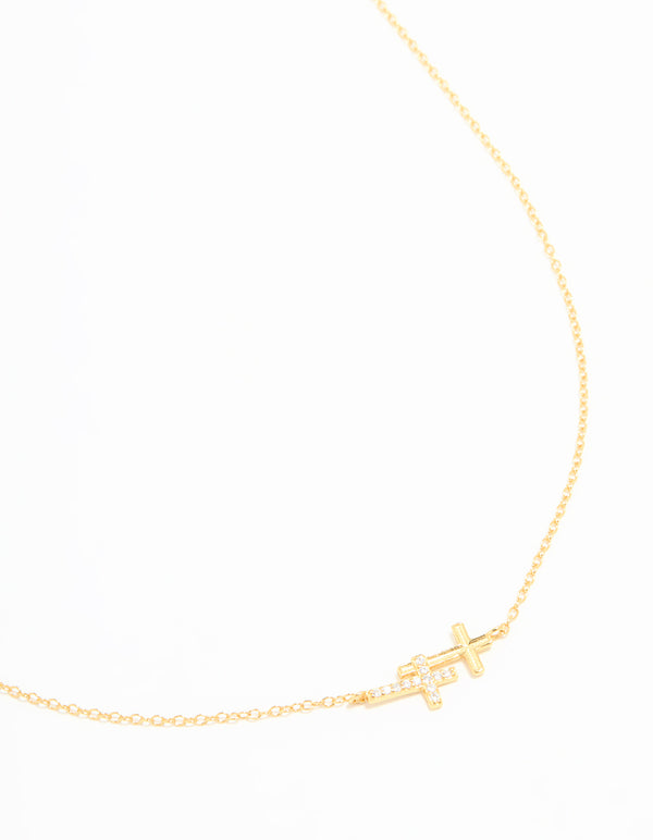 Gold Plated Sterling Silver Cubic Zirconia Double Cross Necklace
