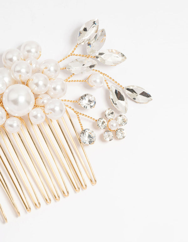 Gold Pearl Diamante Marquise Cluster Comb