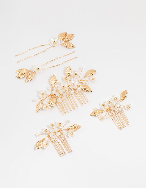 Gold Acrylic Flower Hair Combs & Hair Pins 5- Pack