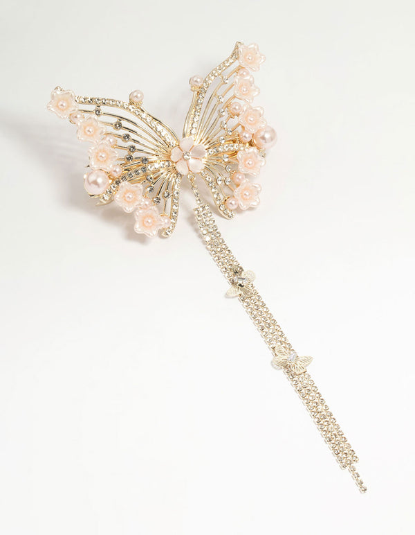 Gold Diamante Floral Butterfly Hair Clip