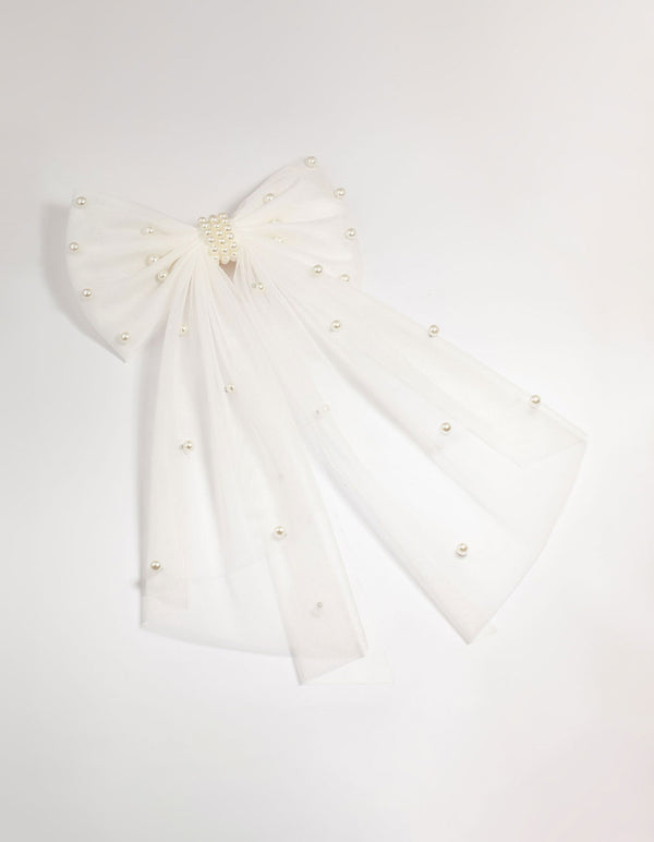 White Fabric Pearl Scatter Bow Clip