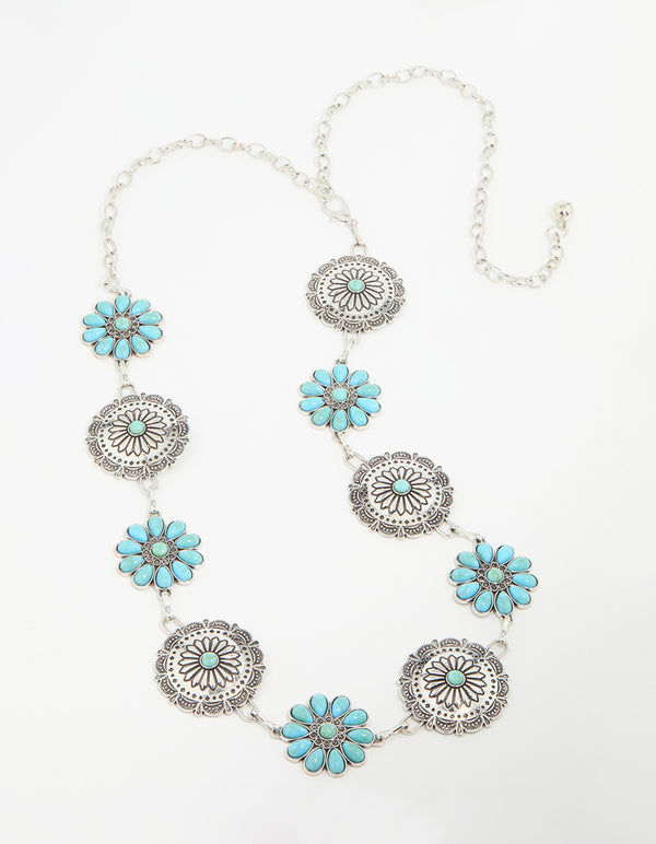 Silver & Turquoise Stone Boho Flower Ornate Belt