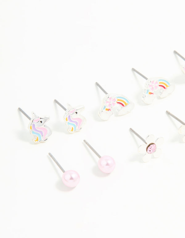 Kids Silver Unicorn & Butterfly Stud Earrings 6-Pack