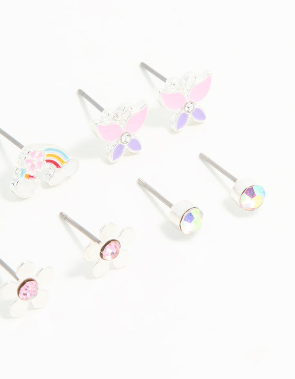 Kids Silver Unicorn & Butterfly Stud Earrings 6-Pack